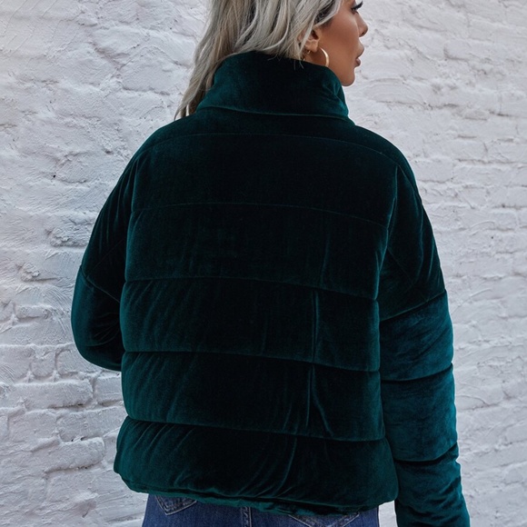 Cozy emerald green zipper velvet puffy bomber jacket Coat - Picture 6 of 7
